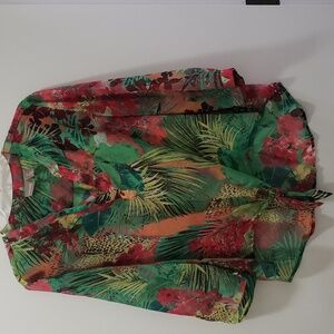 Chico's Sheer Tropical Leaf & Floral Blouse in Green and Red